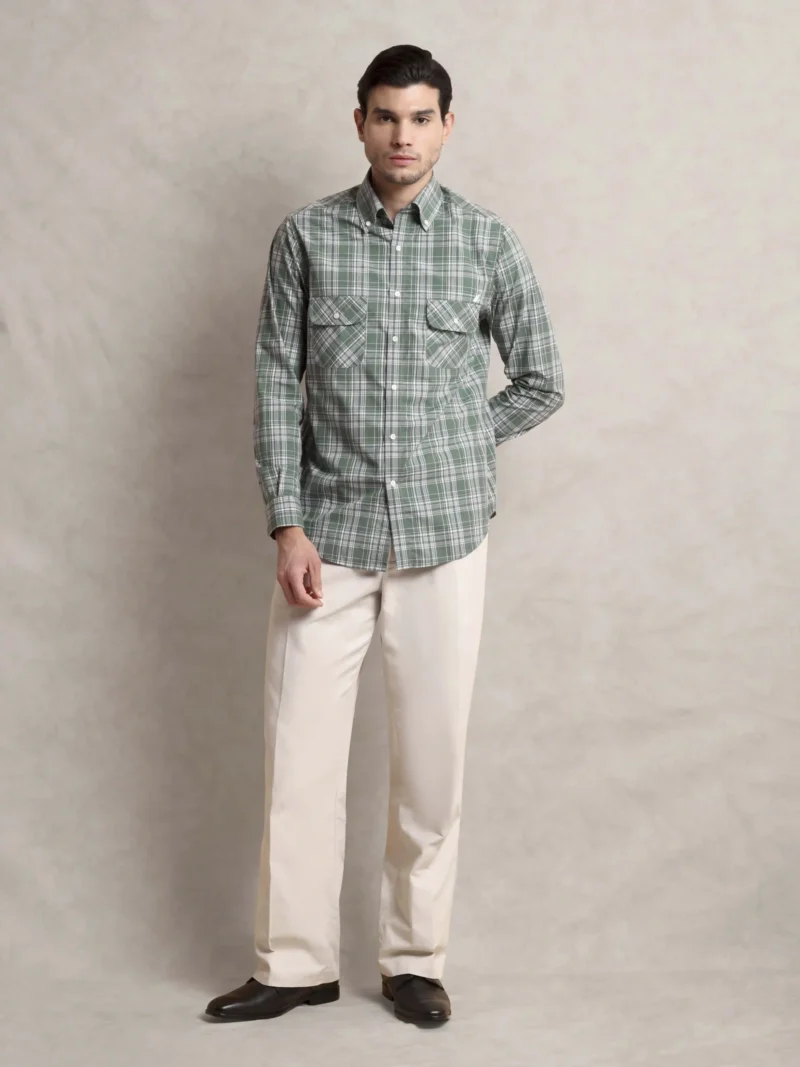 The Karikala: Regular Fitted Poplin Checkered Pistacho Double Pocket Shirt with Embroidery