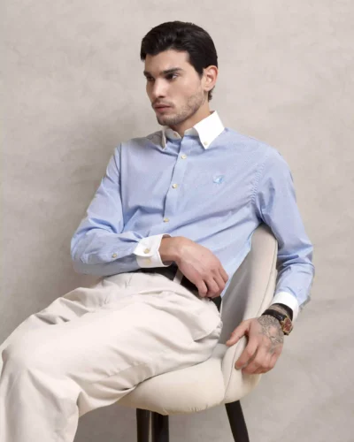 The Rawal: Slim Fit Egyptian Giza Cotton Striped Powder Blue Shirt with Embroidery