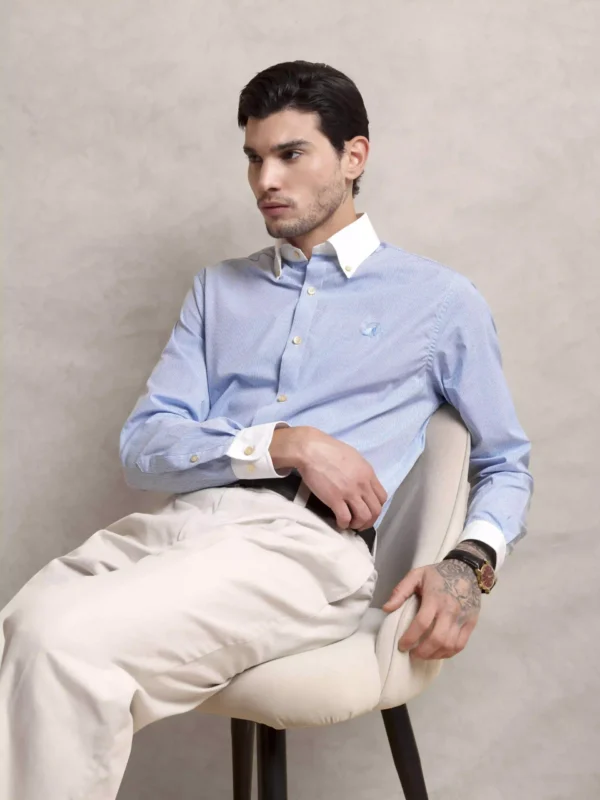 The Rawal: Regular fitted Egyptian Giza Cotton Striped Powder Blue Shirt with Embroidery