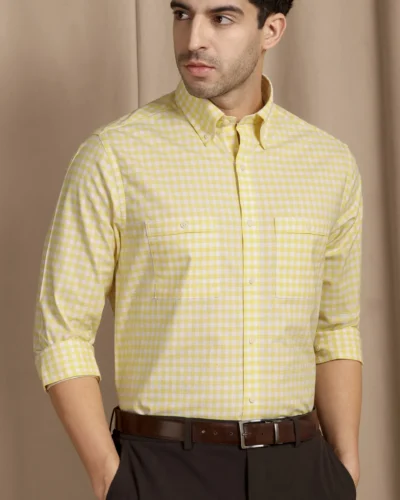 The Karikala: Slim Fit Checkered Yellow Double Pocket Oxford Shirt with Embroidery