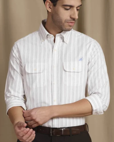 The Karikala: Slim Fit Striped White-Grey Double Pocket Oxford Shirt with Embroidery