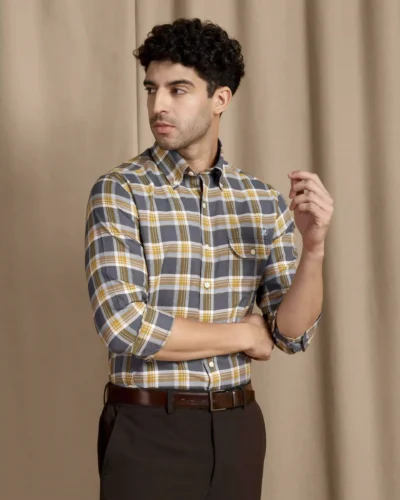 The Udai: Slim Fit Blue-Gold Checkered Single Pocket Oxford Shirt With Embroidery