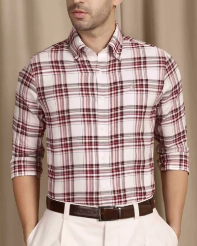 The Rawal: Slim Fit White-Red Checkered Oxford Shirt With Embroidery