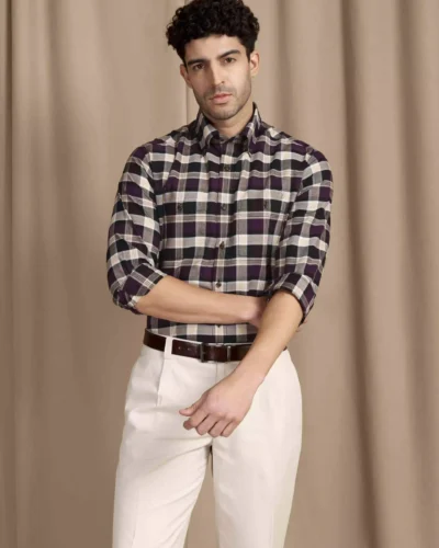 The Rawal: Slim Fit Black-Maroon Checkered Oxford Shirt With Embroidery