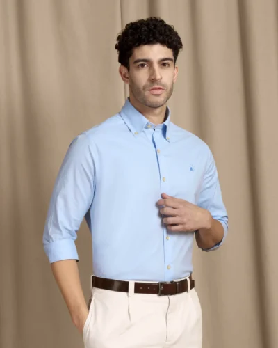 The Rawal: Slim Fit Solid Powder Blue Oxford Shirt With Embroidery