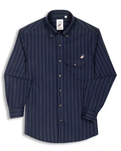 The Udai: Slim Fit Striped Blue- Gold Single Pocket Oxford Shirt With Embroidery