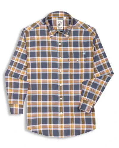 The Udai: Slim Fit Blue-Gold Checkered Single Pocket Oxford Shirt With Embroidery