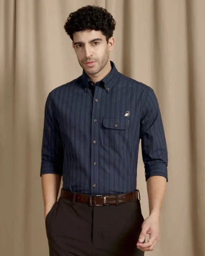 The Udai: Slim Fit Striped Blue- Gold Single Pocket Oxford Shirt With Embroidery