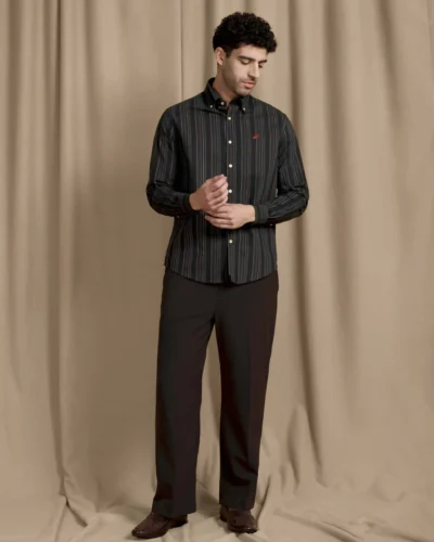 The Rawal: Slim Fit Black Multi-Striped Oxford Shirt with Embroidery